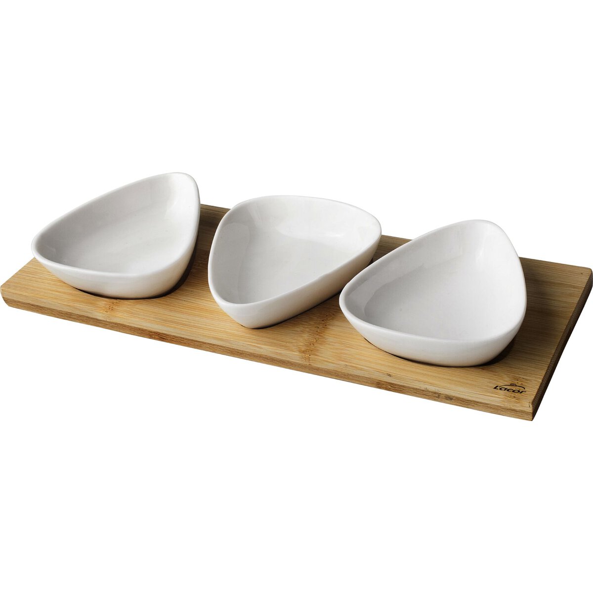 Serviertablett mit 3 Porzellanschälchen, tropfenförmig (1)